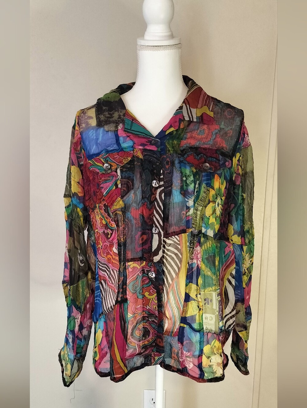 Chico's Multicolor Sheer Abstract Patchwork Blouse